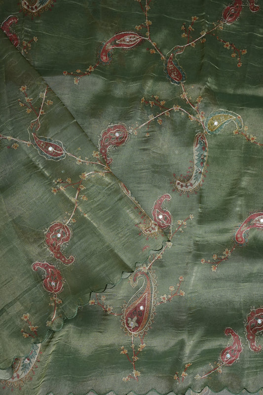 Sage Green Glass Tissue Organza Designer Party Wear Saree