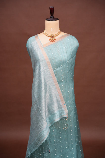 Muted Sea Green Pure Muslin Matka Silk Saree|Silk Mark Certified