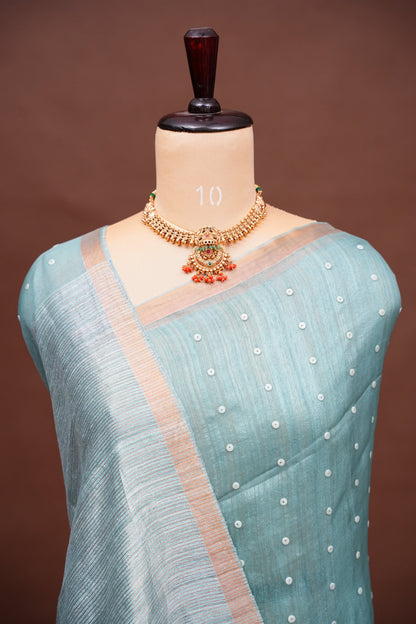 Muted Sea Green Pure Muslin Matka Silk Saree|Silk Mark Certified