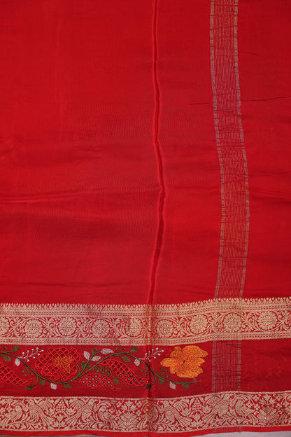 Crepe Silk Saree with Embroidered Border - Red