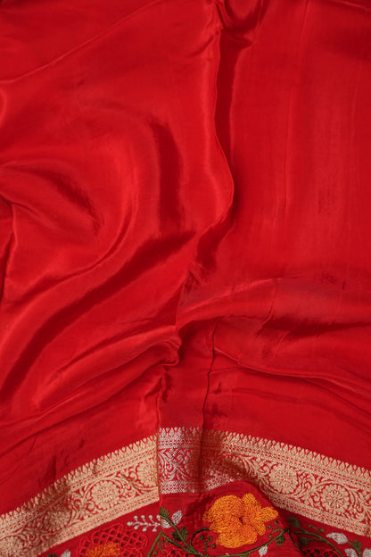 Crepe Silk Saree with Embroidered Border - Red