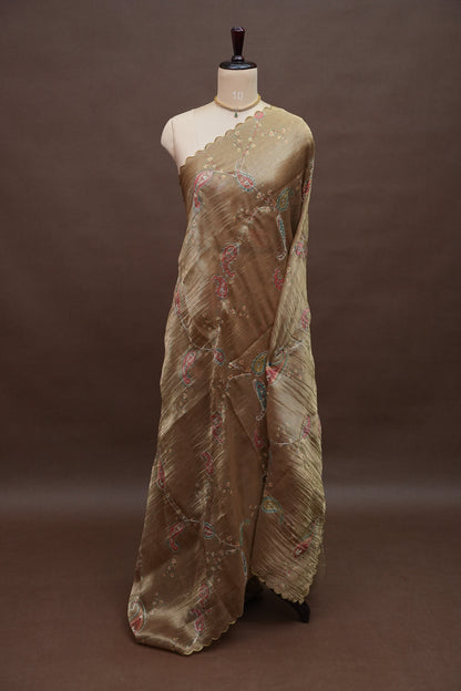Gold Shade Glass Tissue Organza Designer Party Wear Saree