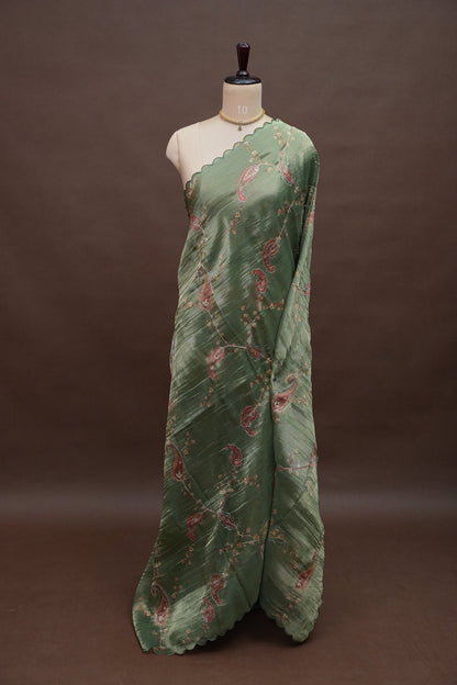 Sage Green Glass Tissue Organza Designer Party Wear Saree