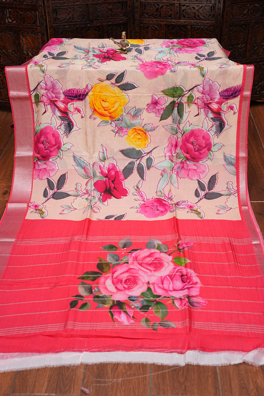 Mangalagiri Printed Silk Saree - Coral Pink & Floral Ivory