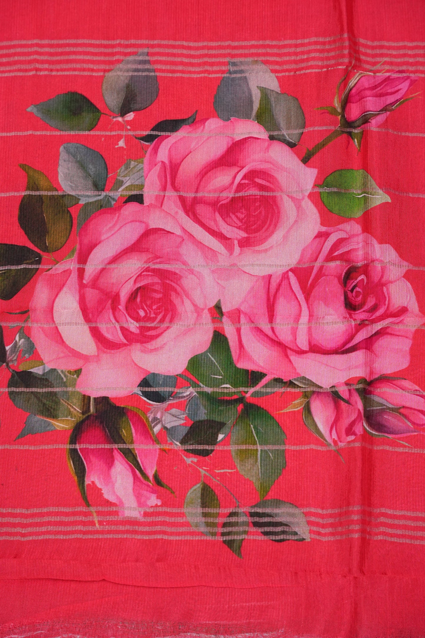 Mangalagiri Printed Silk Saree - Coral Pink & Floral Ivory