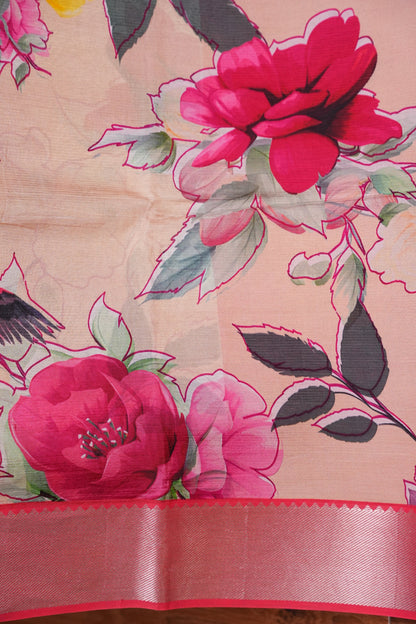 Mangalagiri Printed Silk Saree - Coral Pink & Floral Ivory