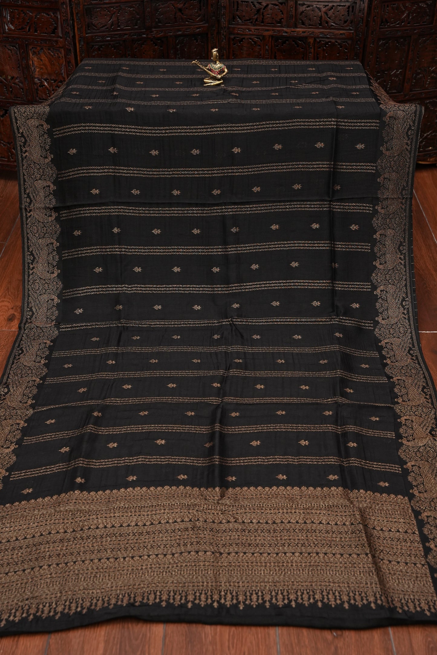 Tussar Banarasi Raw Silk Saree with Handloom Peacock Border – Classic Black