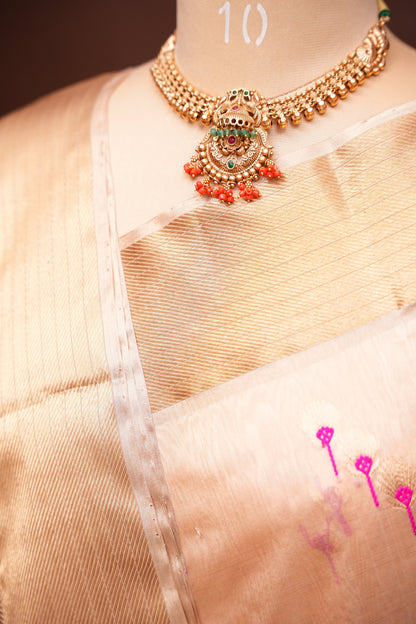 Pure Chanderi Silk Saree with Zari Buttas & Tissue Border - Cream