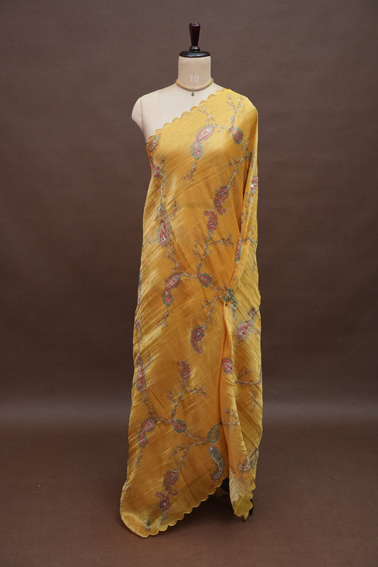 Bright Mustard Gold Glass Tissue Organza Designer Party Wear Saree