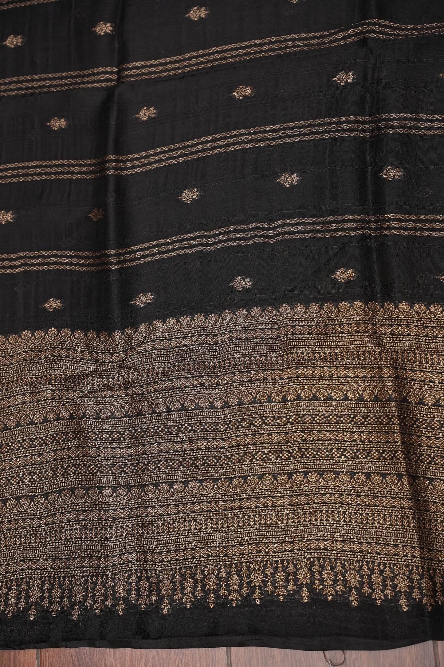 Tussar Banarasi Raw Silk Saree with Handloom Peacock Border – Classic Black