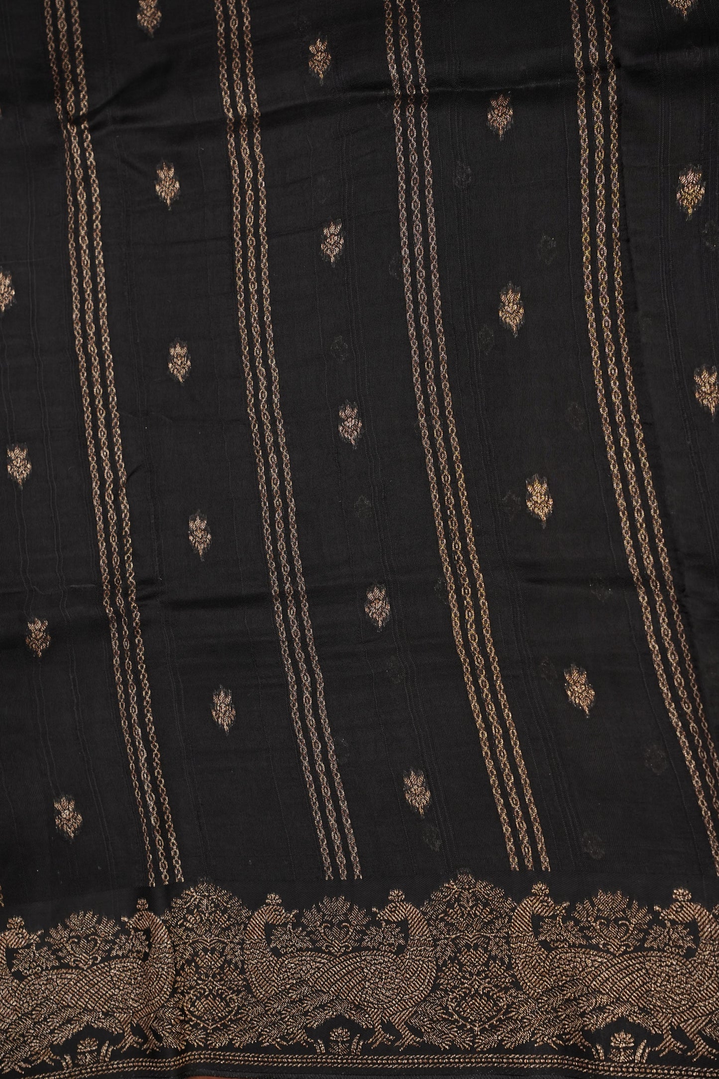 Tussar Banarasi Raw Silk Saree with Handloom Peacock Border – Classic Black