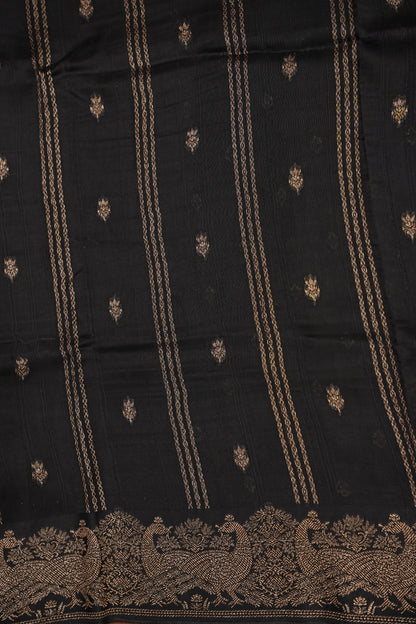 Tussar Banarasi Raw Silk Saree with Handloom Peacock Border – Classic Black