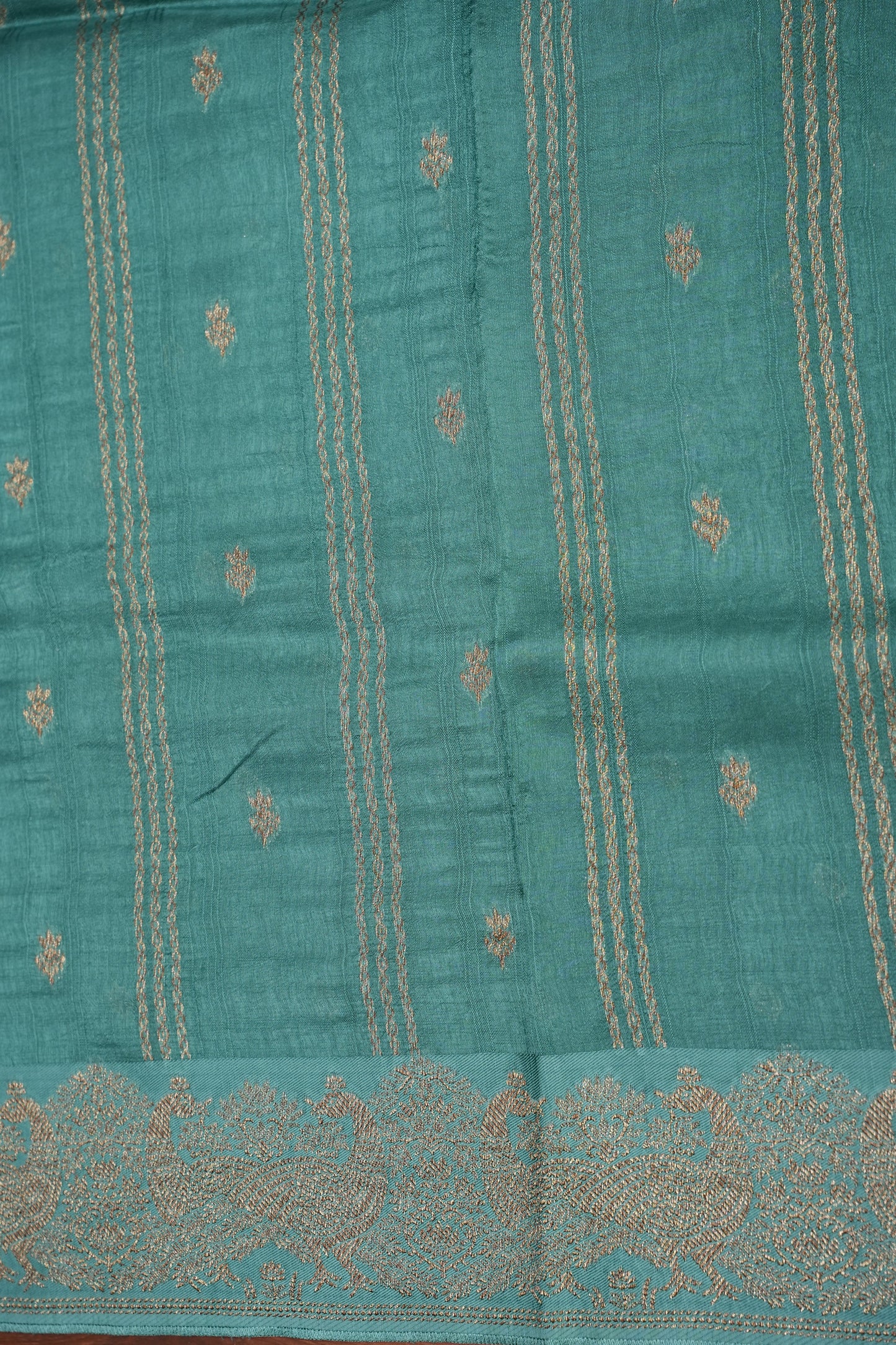 Tussar Banarasi Raw Silk Saree with Handloom Peacock Border – Aqua Green