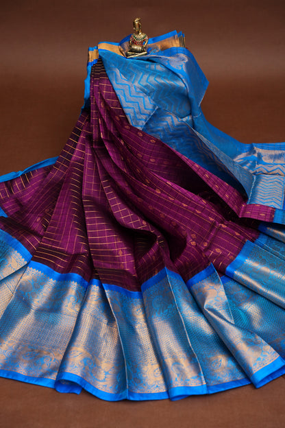 Pure Kuppadam Silk Cotton Saree - Wine with Copper Sulphate Blue