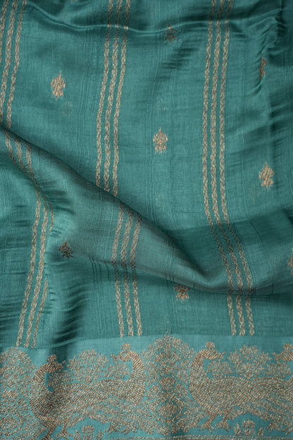 Tussar Banarasi Raw Silk Saree with Handloom Peacock Border – Aqua Green