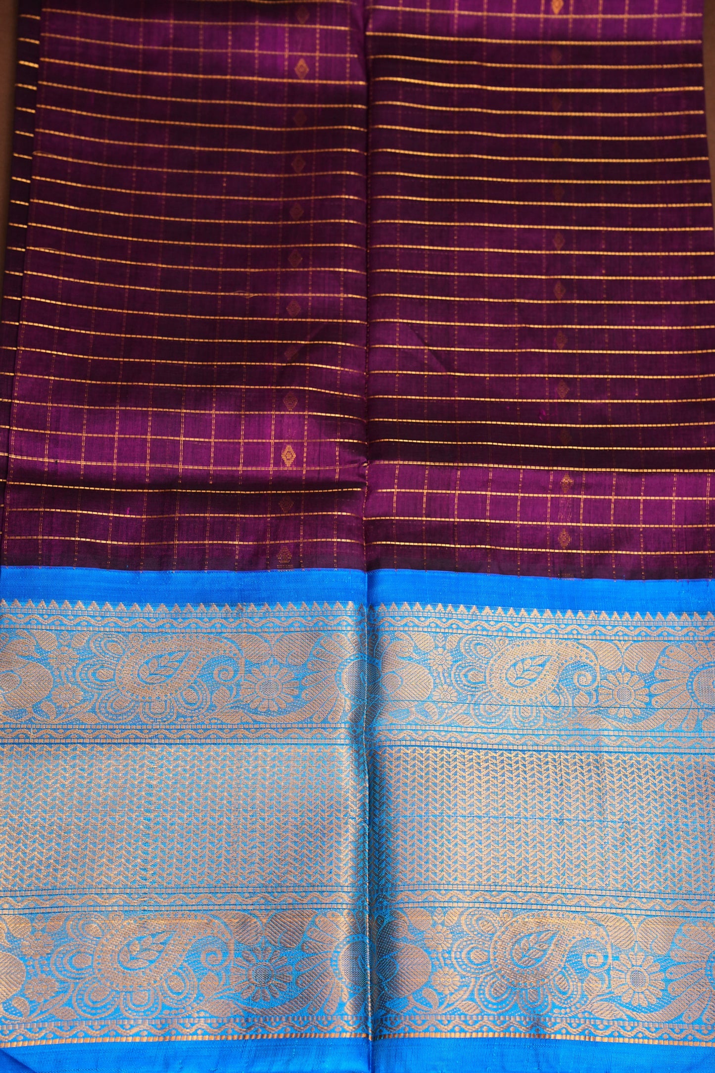 Pure Kuppadam Silk Cotton Saree - Wine with Copper Sulphate Blue