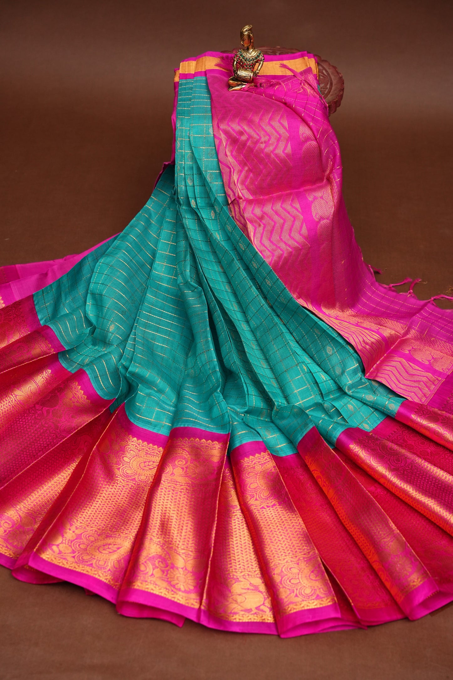 Pure Kuppadam Silk Cotton Saree - Teal Green with Pink