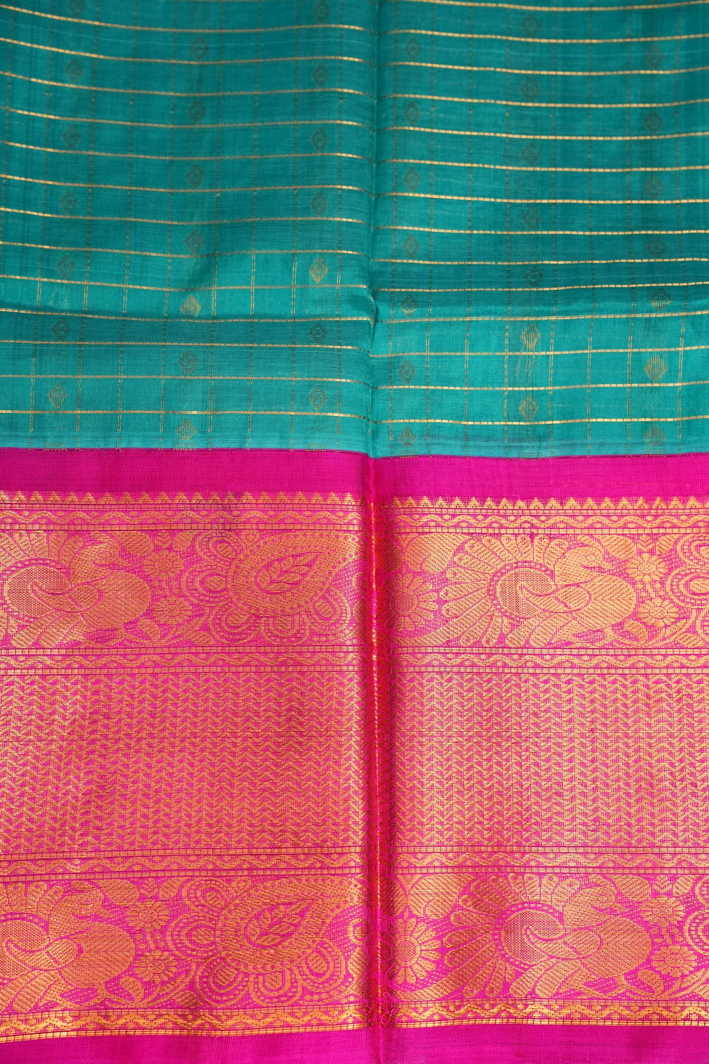 Pure Kuppadam Silk Cotton Saree - Teal Green with Pink