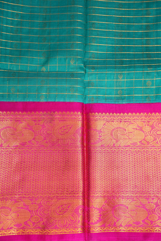Pure Kuppadam Silk Cotton Saree - Teal Green with Pink