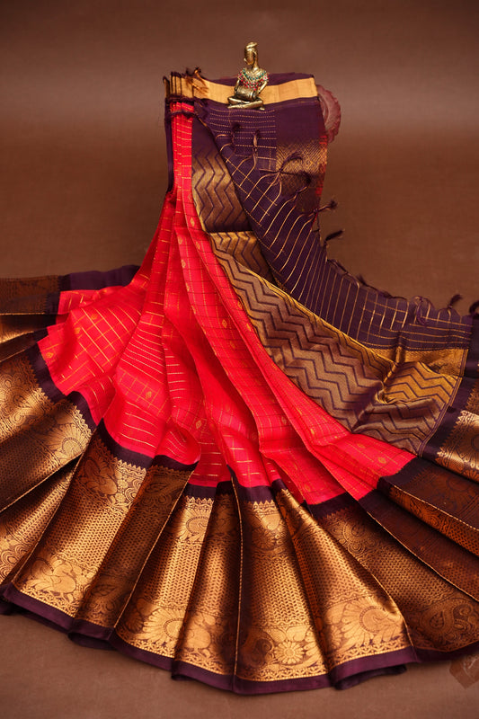 Pure Kuppadam Silk Cotton Saree - Red with Chocolate Brown