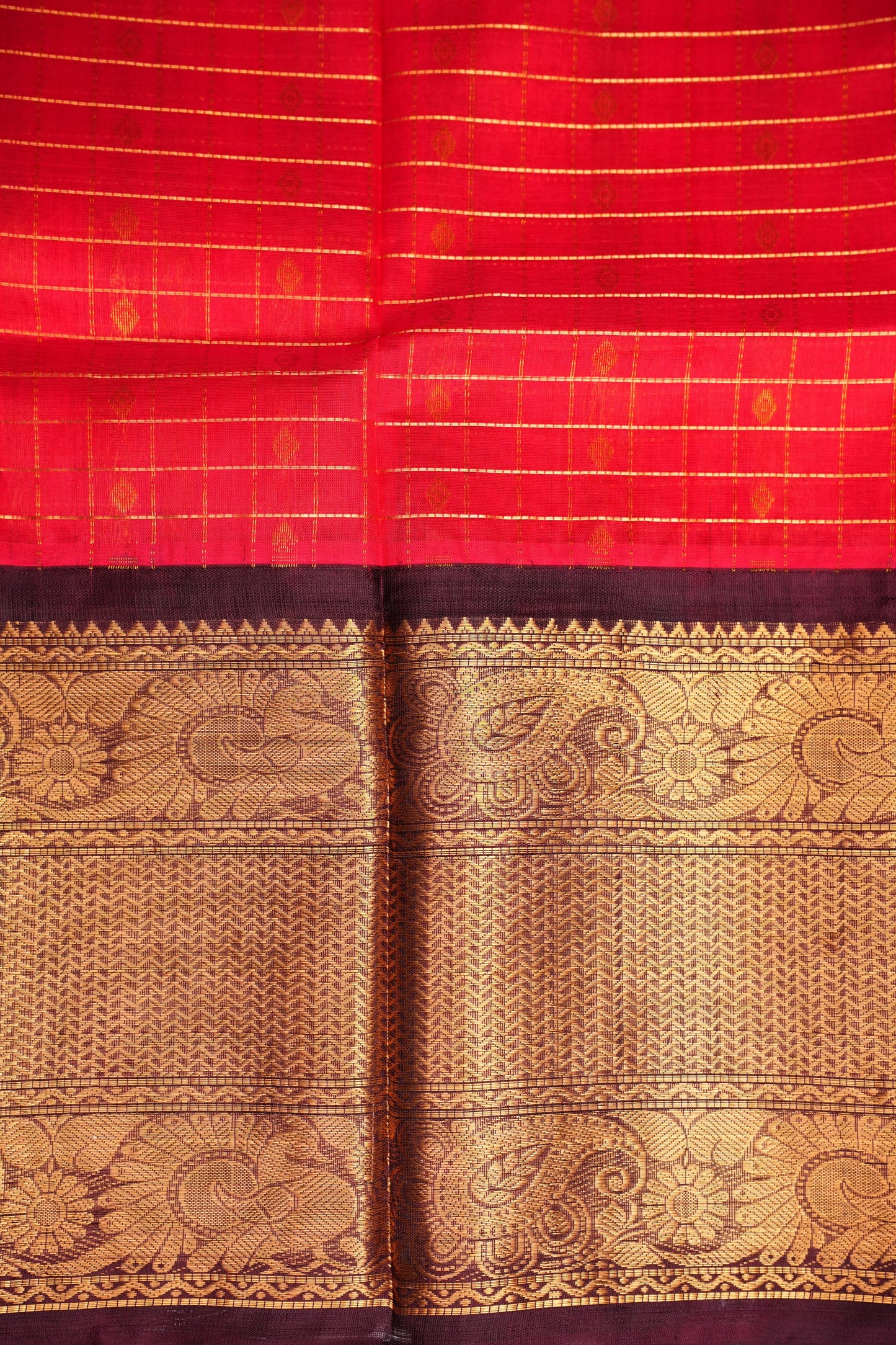 Pure Kuppadam Silk Cotton Saree - Red with Chocolate Brown