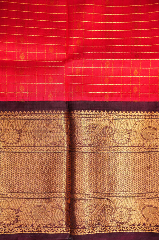 Pure Kuppadam Silk Cotton Saree - Red with Chocolate Brown