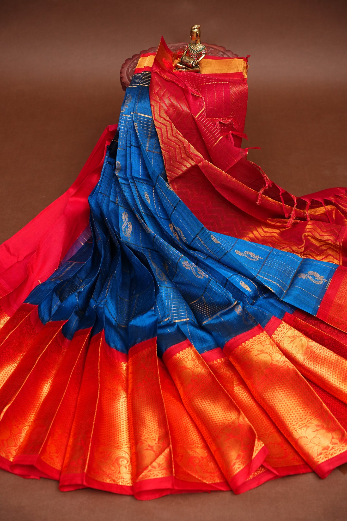 Pure Kuppadam Silk Cotton Saree - Deep Blue with Red
