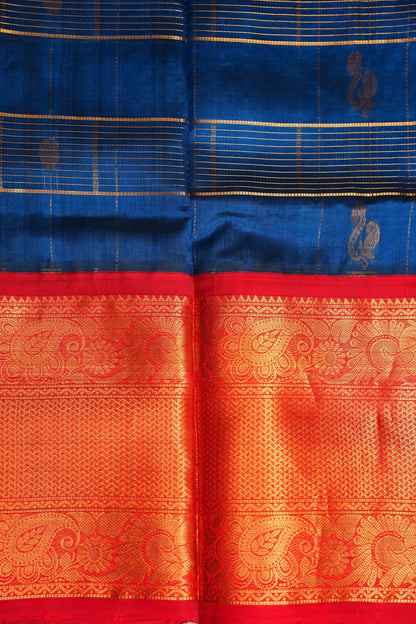 Pure Kuppadam Silk Cotton Saree - Deep Blue with Red