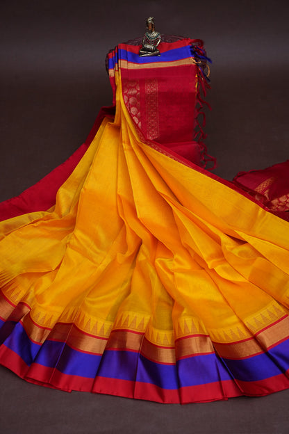 Pure Kuppadam Korvai Silk Cotton Pattu Saree-Yellow & Red