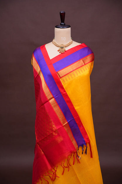 Pure Kuppadam Korvai Silk Cotton Pattu Saree-Yellow & Red