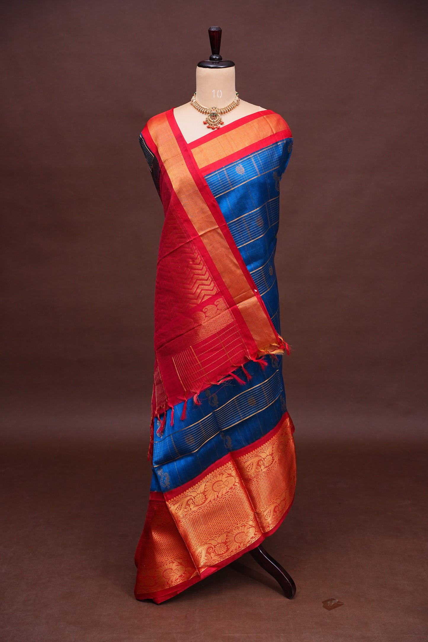 Pure Kuppadam Silk Cotton Saree - Deep Blue with Red
