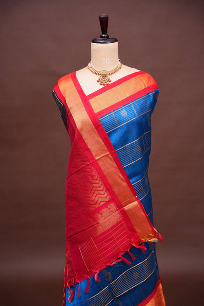 Pure Kuppadam Silk Cotton Saree - Deep Blue with Red