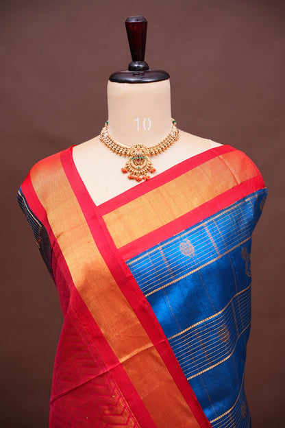 Pure Kuppadam Silk Cotton Saree - Deep Blue with Red