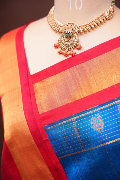 Pure Kuppadam Silk Cotton Saree - Deep Blue with Red