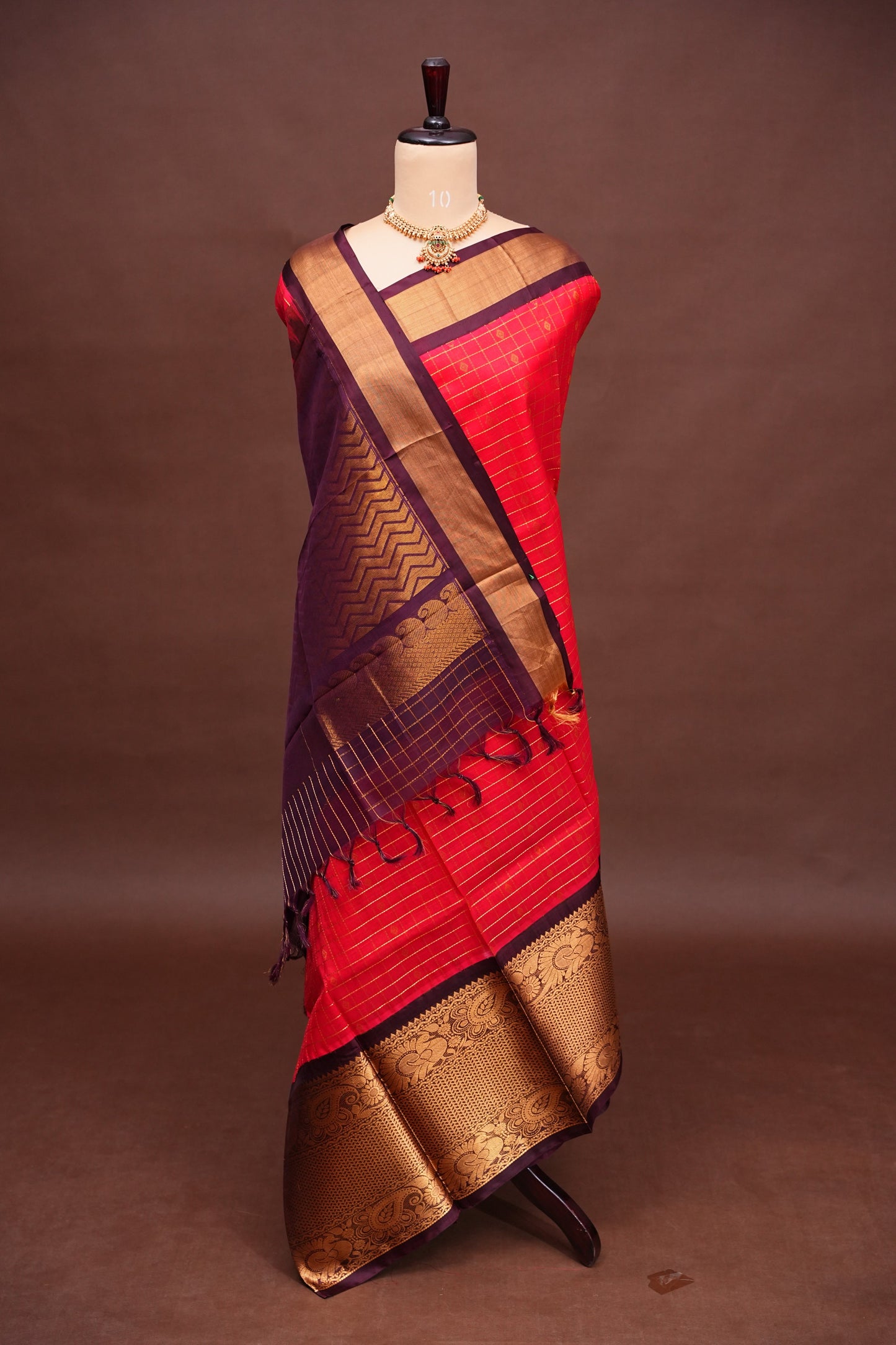 Pure Kuppadam Silk Cotton Saree - Red with Chocolate Brown