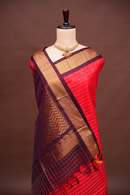 Pure Kuppadam Silk Cotton Saree - Red with Chocolate Brown