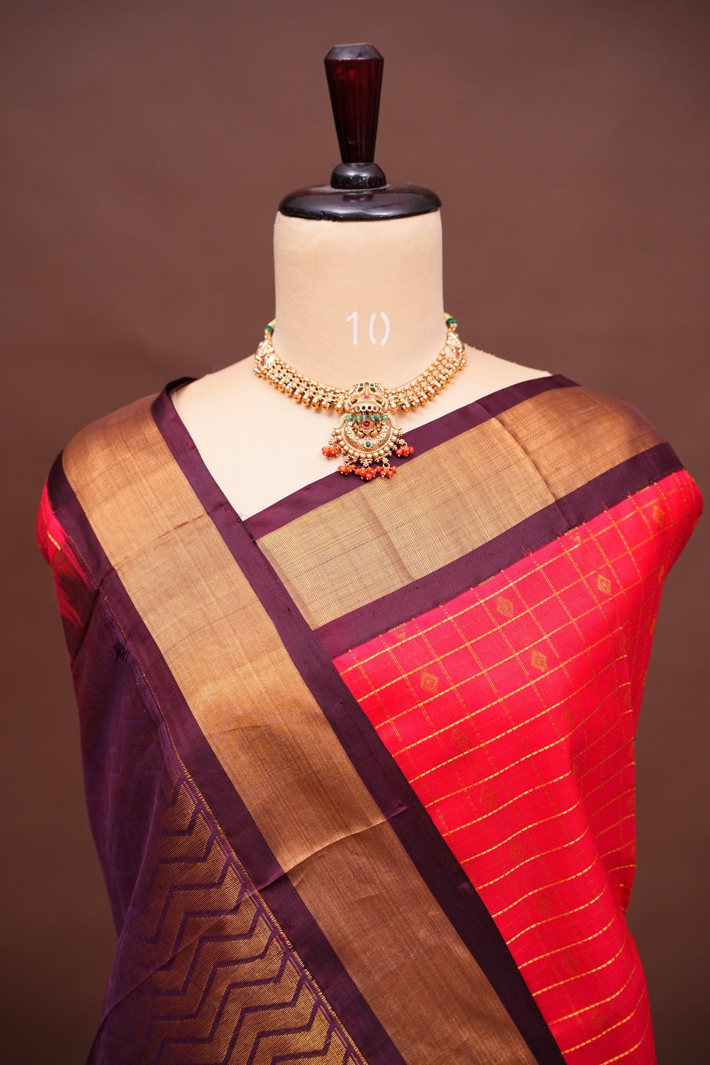 Pure Kuppadam Silk Cotton Saree - Red with Chocolate Brown