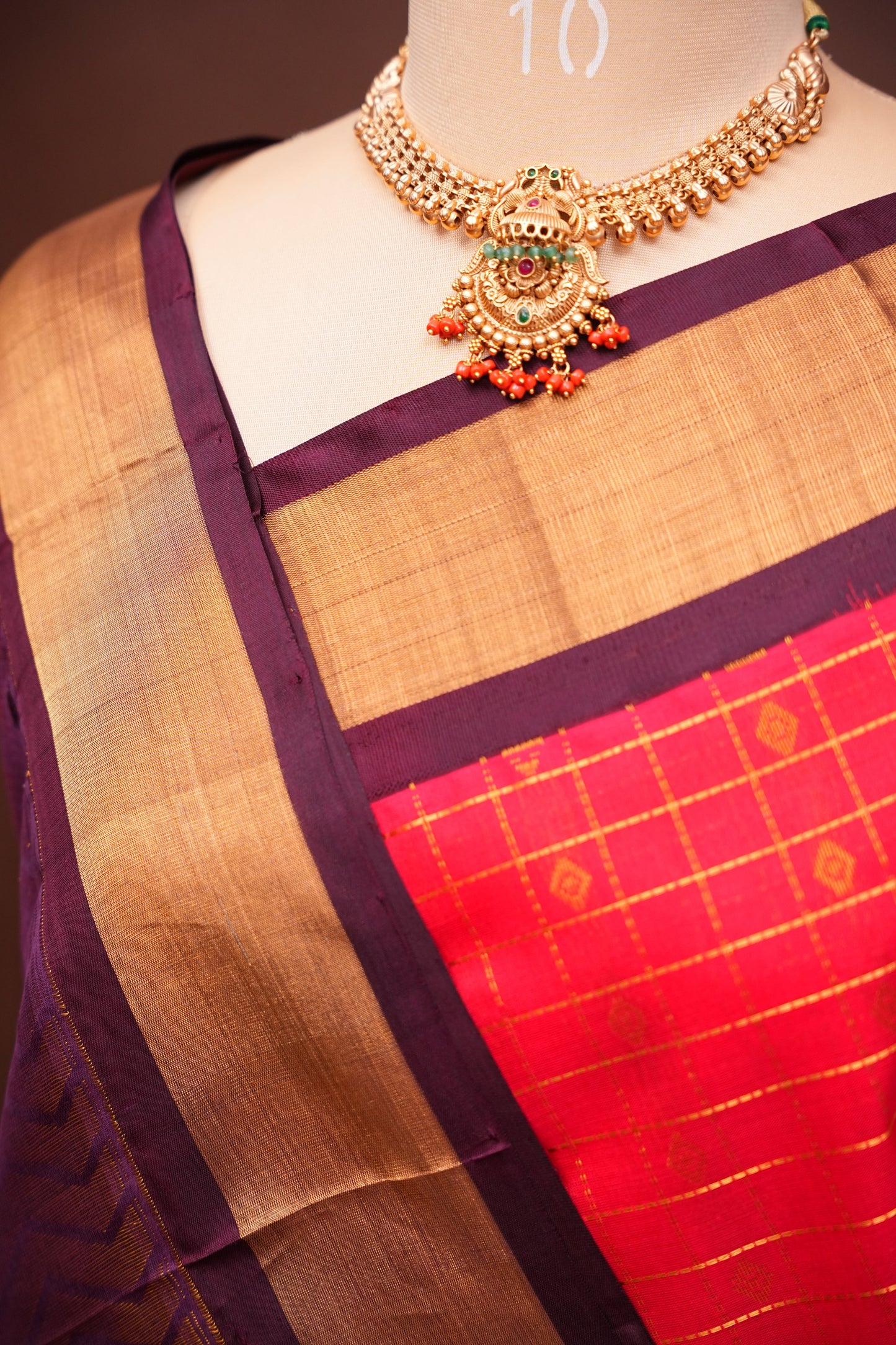 Pure Kuppadam Silk Cotton Saree - Red with Chocolate Brown