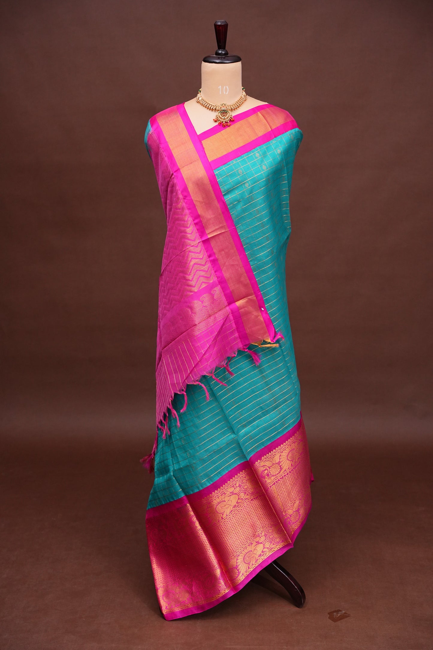 Pure Kuppadam Silk Cotton Saree - Teal Green with Pink