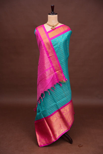 Pure Kuppadam Silk Cotton Saree - Teal Green with Pink
