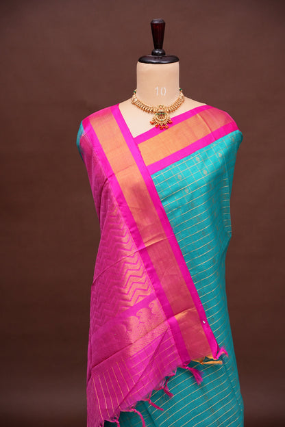 Pure Kuppadam Silk Cotton Saree - Teal Green with Pink