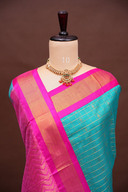 Pure Kuppadam Silk Cotton Saree - Teal Green with Pink
