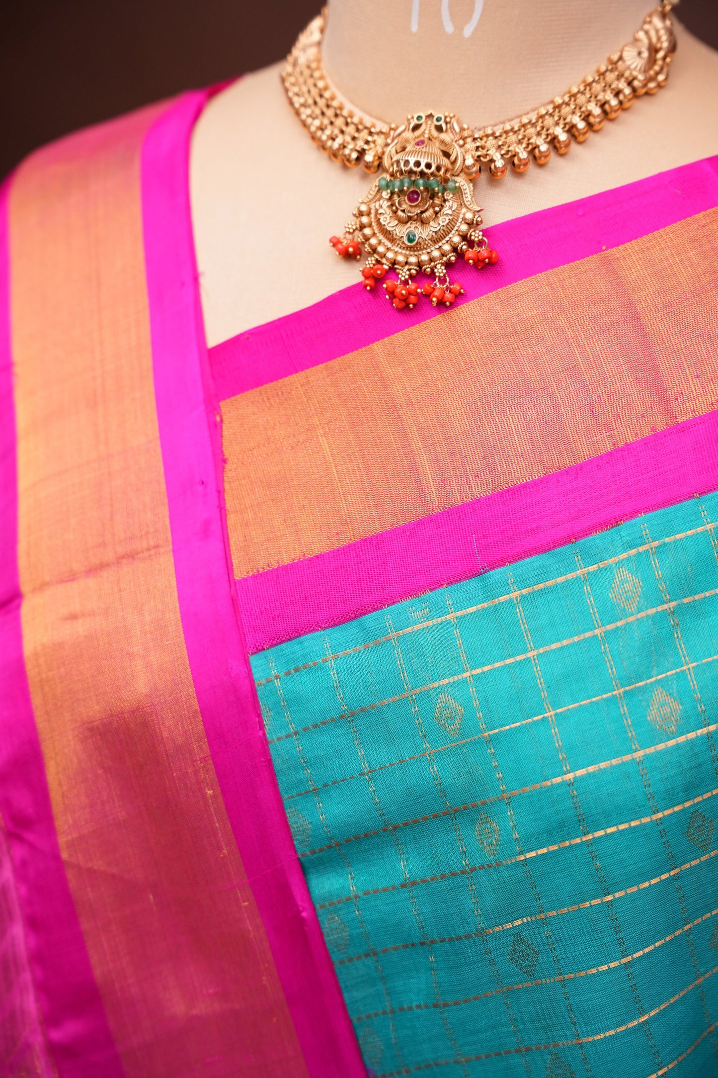 Pure Kuppadam Silk Cotton Saree - Teal Green with Pink