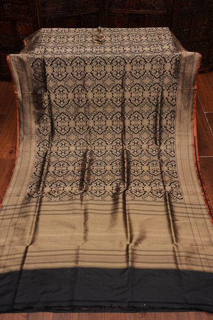 Pure Handloom Silk Katan Banaras Saree - Black|Silk Mark Certified