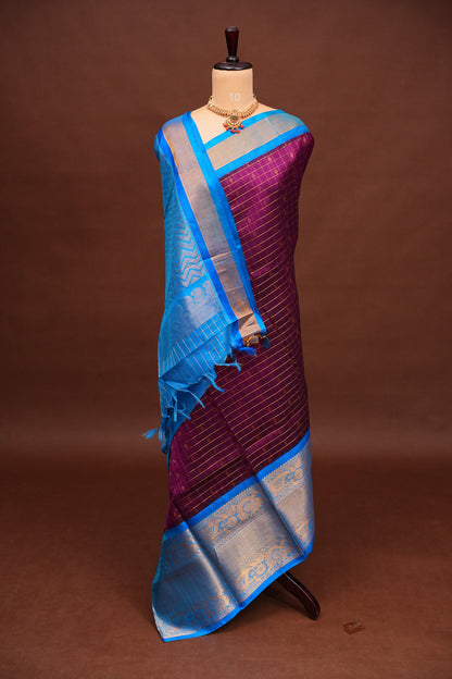 Pure Kuppadam Silk Cotton Saree - Wine with Copper Sulphate Blue