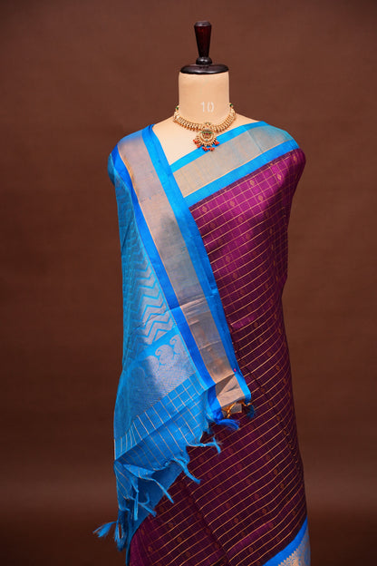 Pure Kuppadam Silk Cotton Saree - Wine with Copper Sulphate Blue