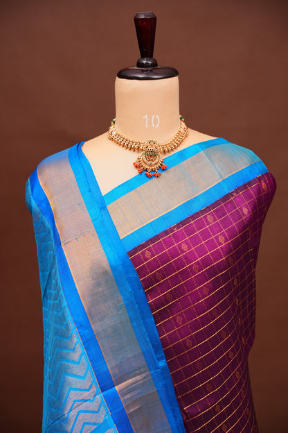 Pure Kuppadam Silk Cotton Saree - Wine with Copper Sulphate Blue