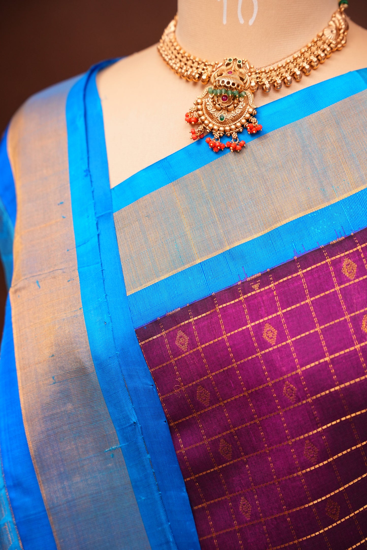 Pure Kuppadam Silk Cotton Saree - Wine with Copper Sulphate Blue