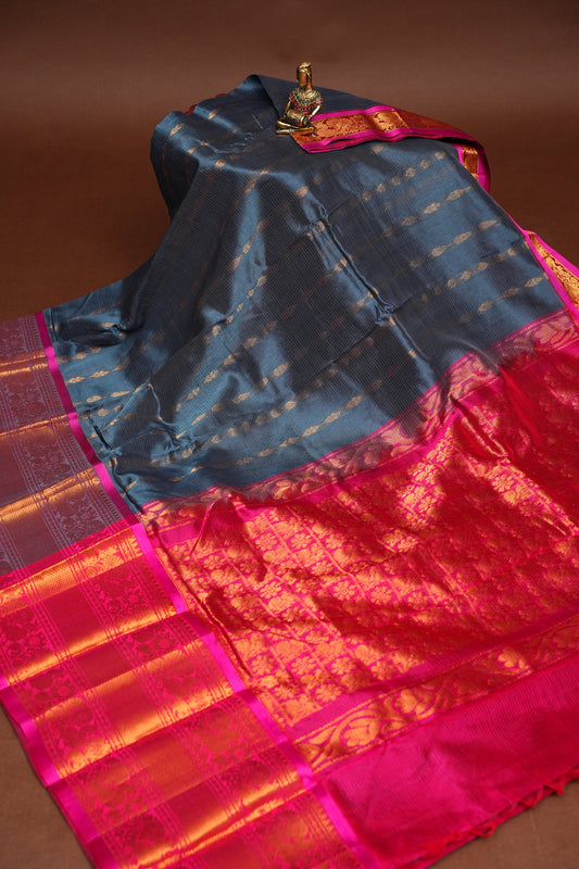 Mangalgiri Kuppadam Silk Cotton Pattu Saree - Grey & Pink