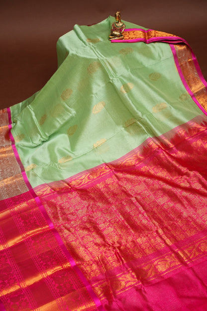 Mangalgiri Kuppadam Silk Cotton Pattu Saree - Pistachio & Pink